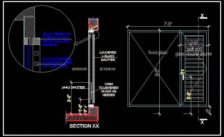 Window Shutter Design CAD- Jaali and Louvered Glass Details